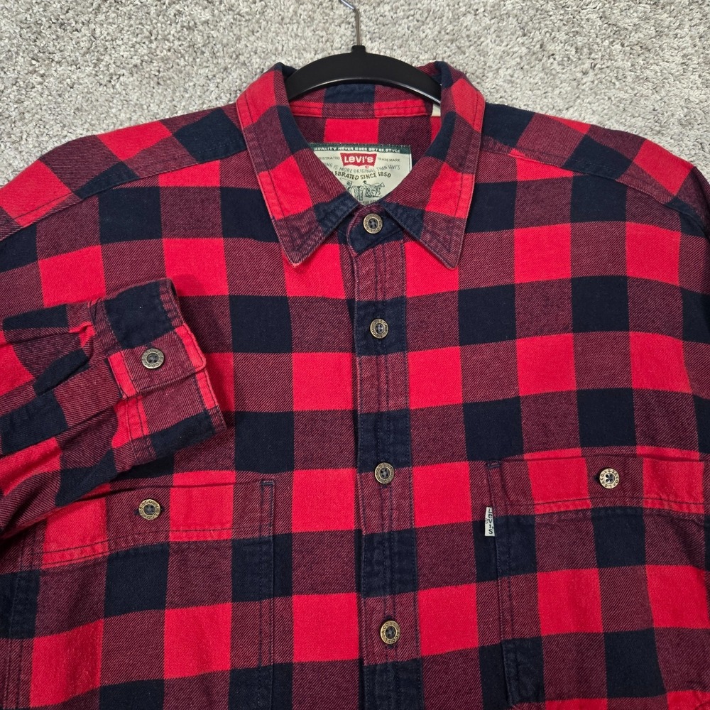 Vintage Levis Shirt Mens Large Red Buffalo Plaid Flannel Button Up
